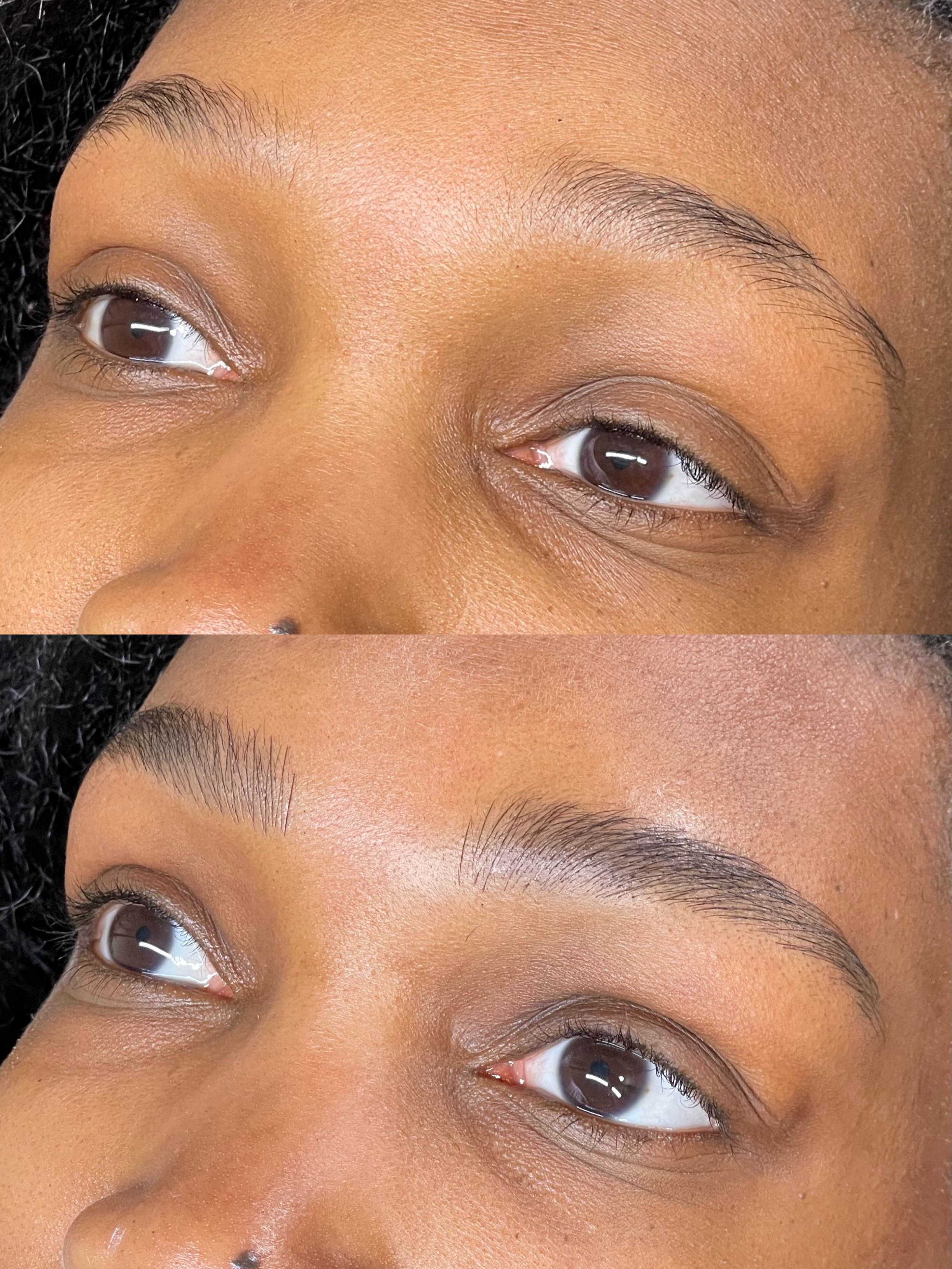 Before and after microblading, stacked comparison — the client's brows before treatment above, the result below