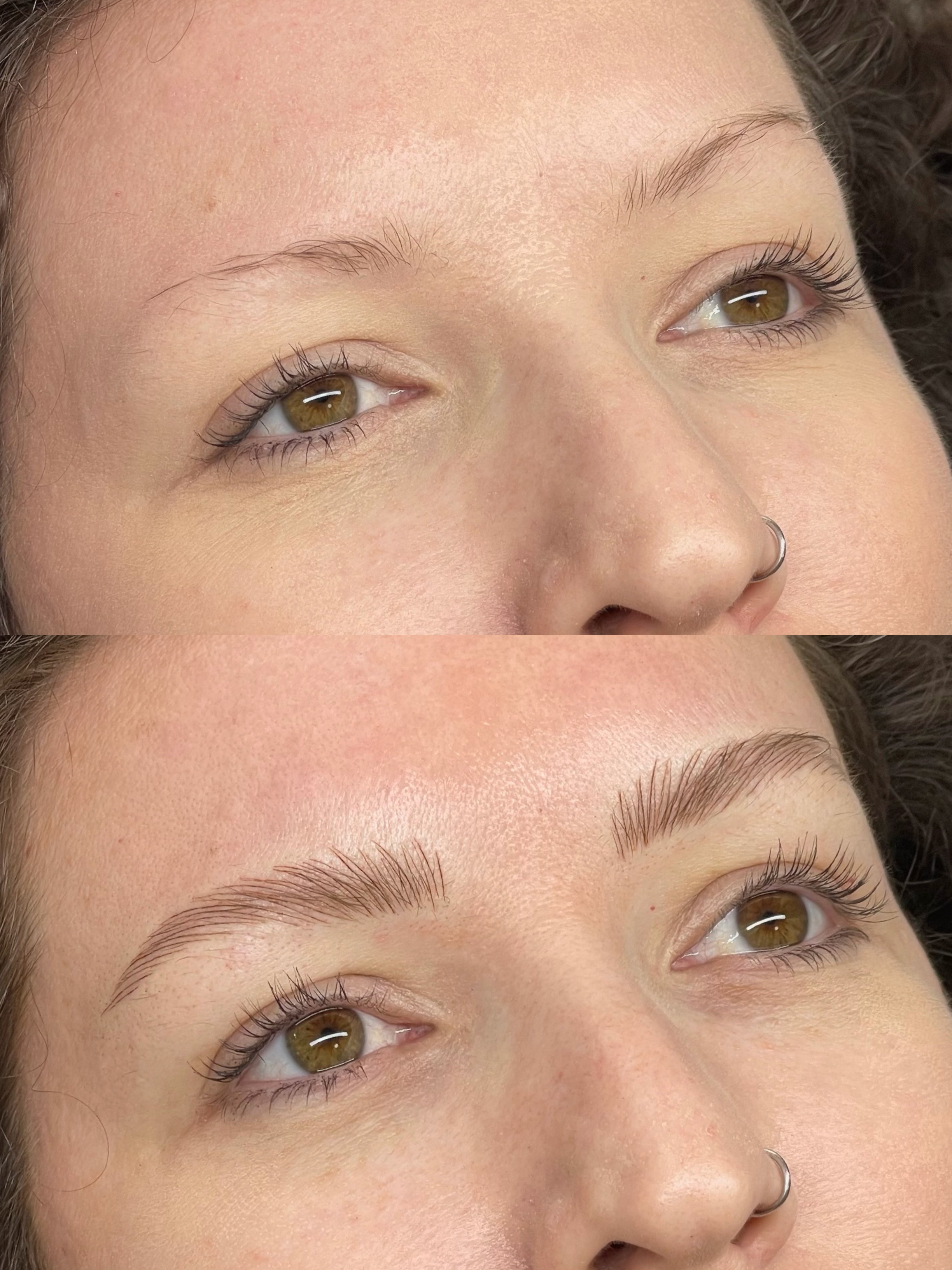 Before and after microblading, stacked comparison — the client's brows before treatment above, the result below