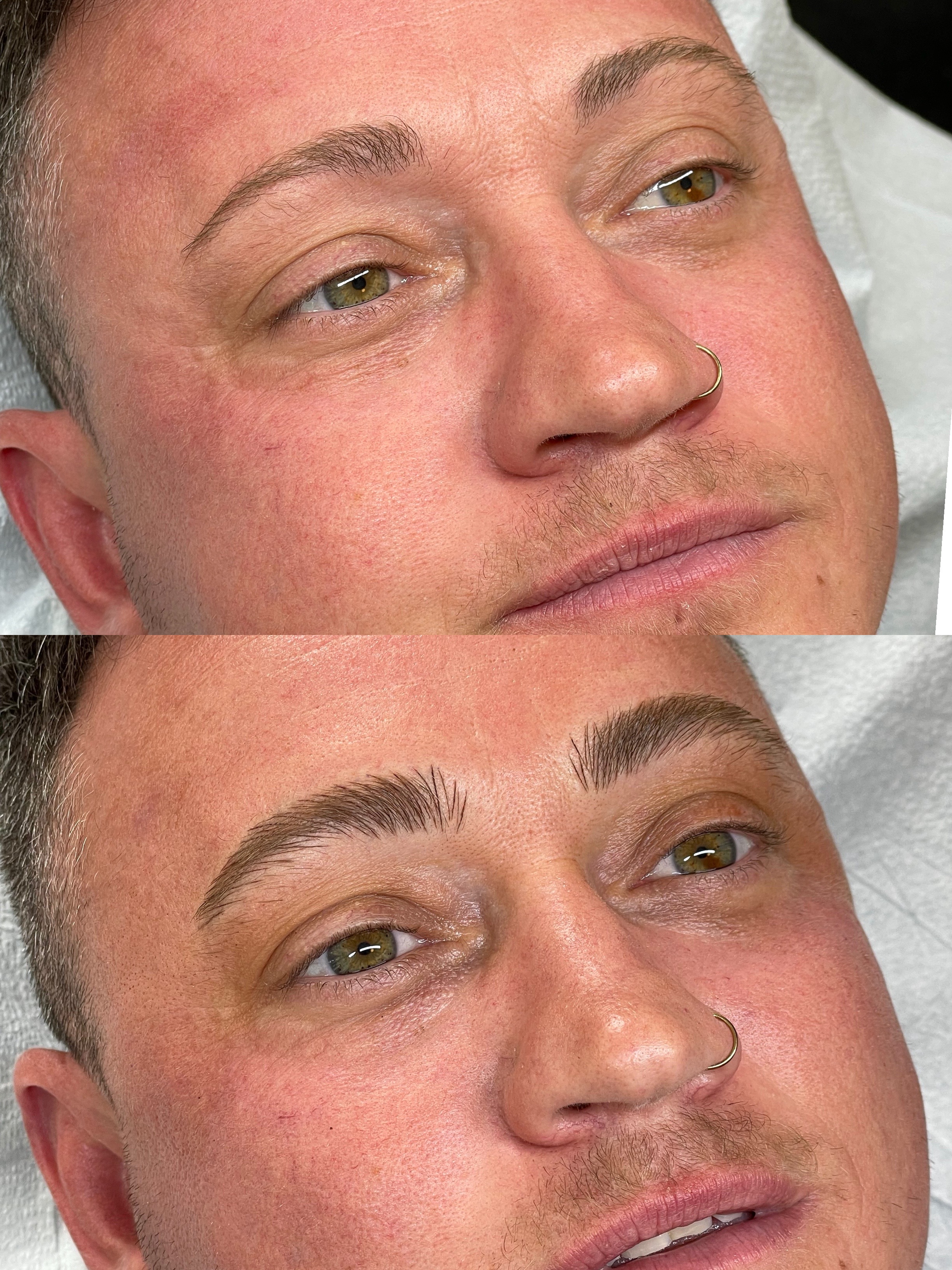 Before and after microblading, stacked comparison — the client's brows before treatment above, the result below
