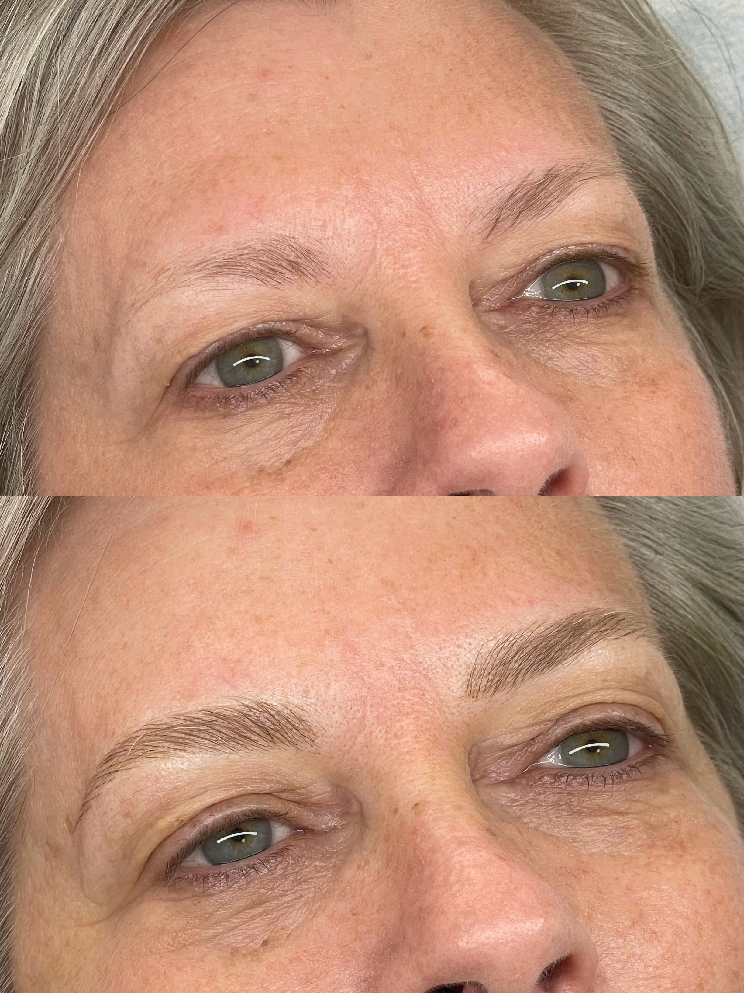 Before and after microblading, stacked comparison — thin brows with washed-out colour and a sparse tail above; below, a fuller warm mid-brown arch with visible strokes running through to a tapered tail