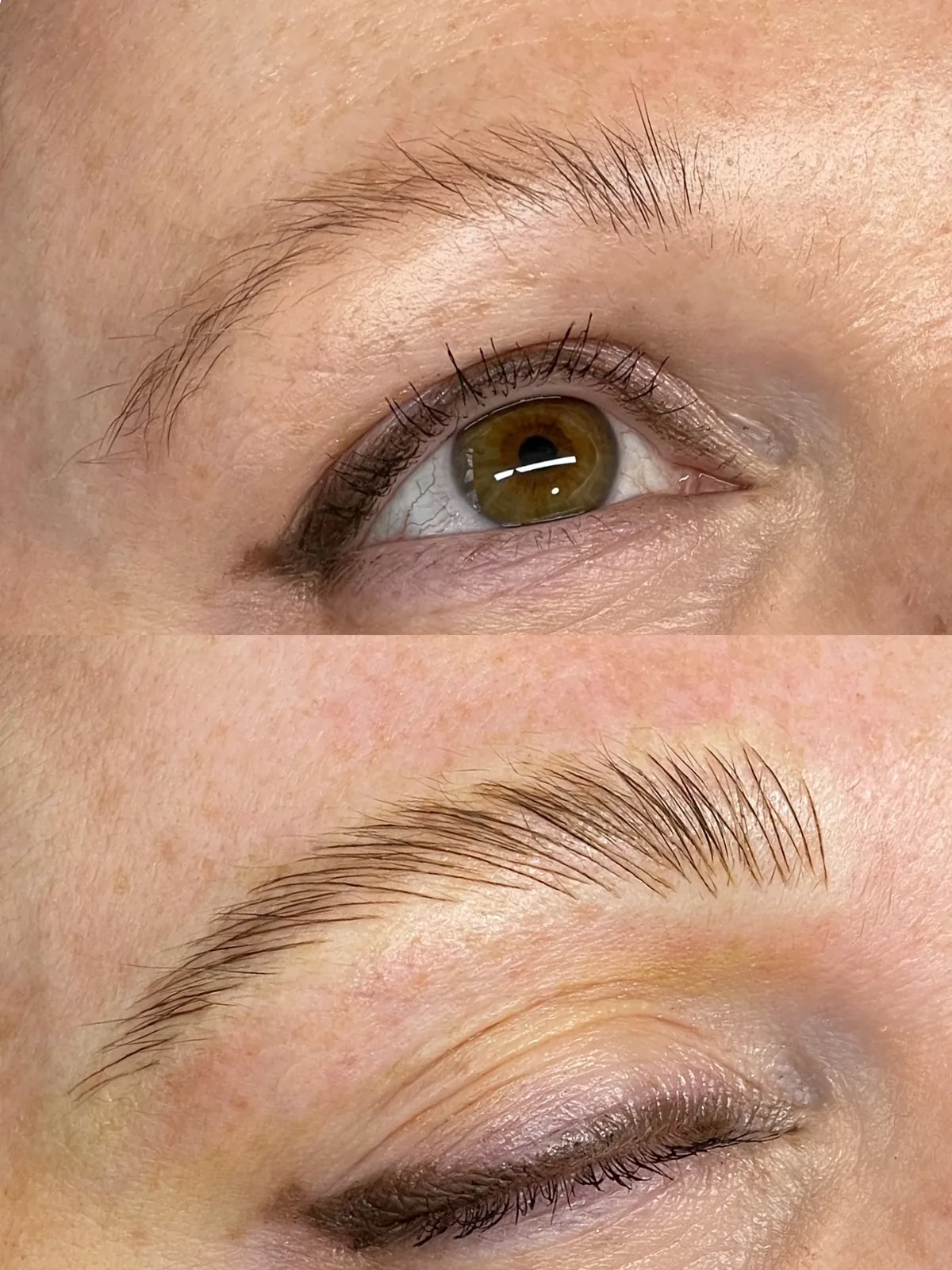 Before and after microblading: sparse patchy brow with visible gaps above; below, fine hair strokes filling the shape into a defined taper