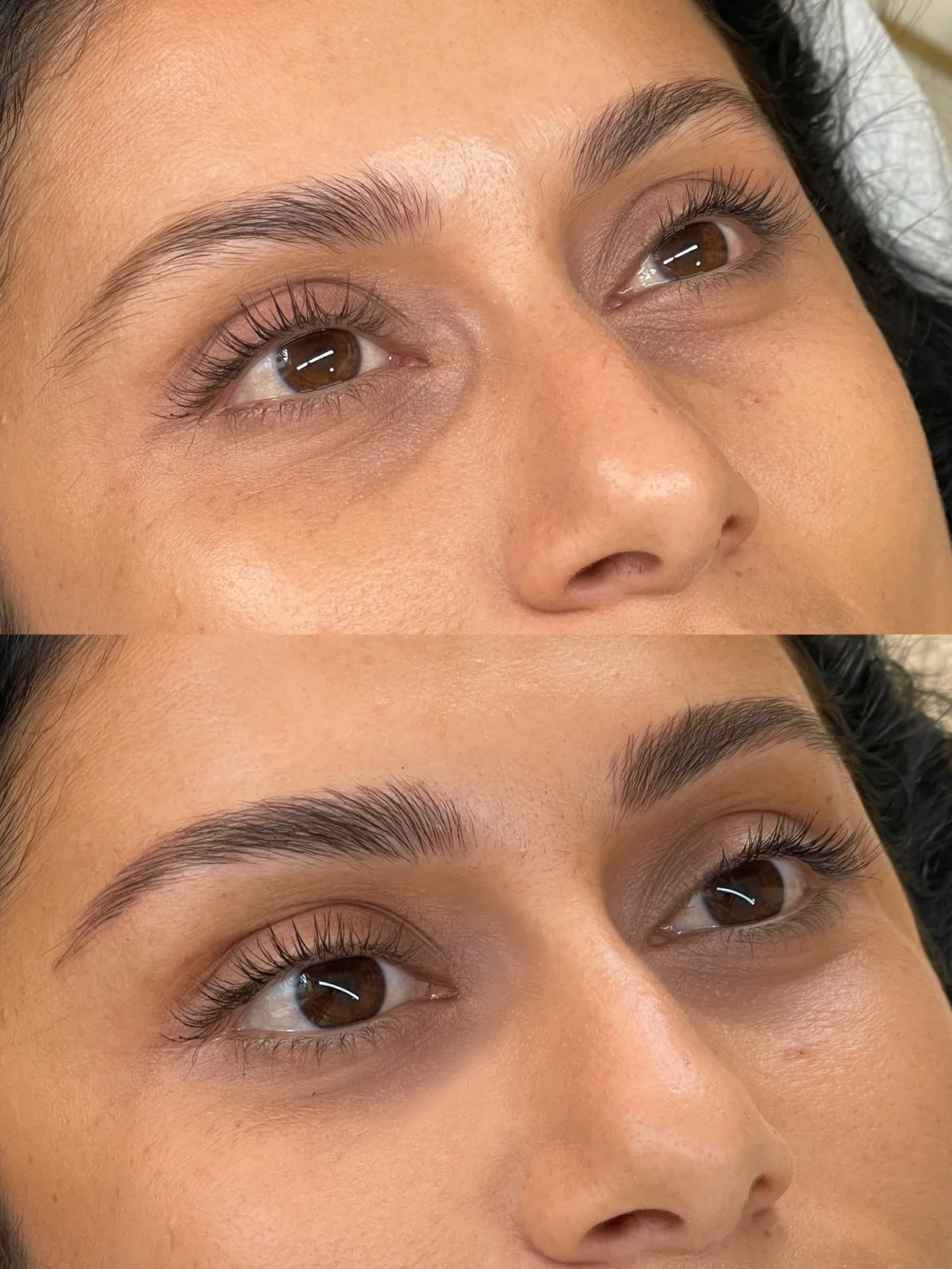 Before and after microblading on both brows: thin uneven shape with sparse tails above; below, a fuller defined arch with a clean taper
