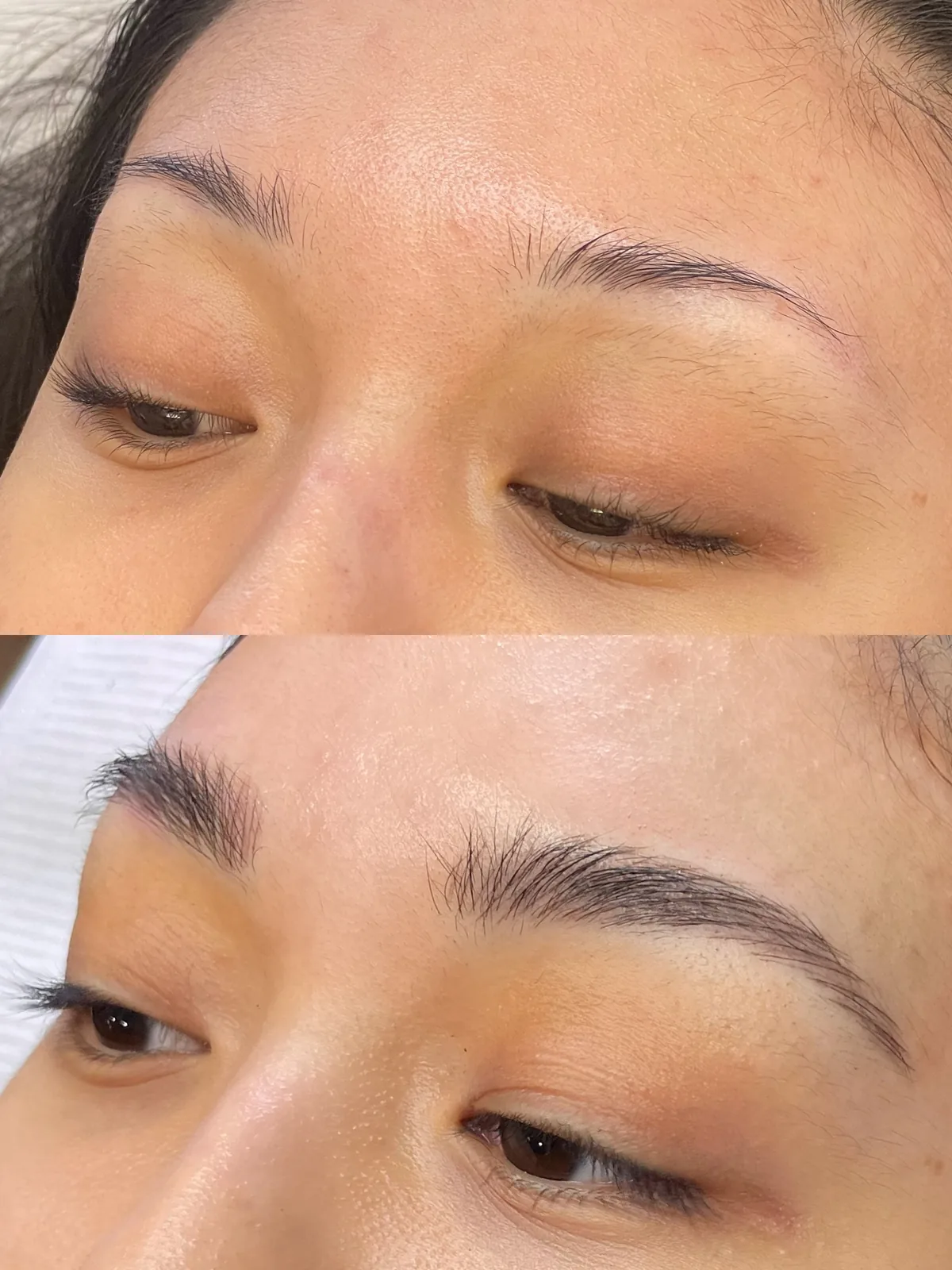Before and after microblading: fine sparse brow with little definition above; below, a fuller shape with dense hair strokes and a defined tail