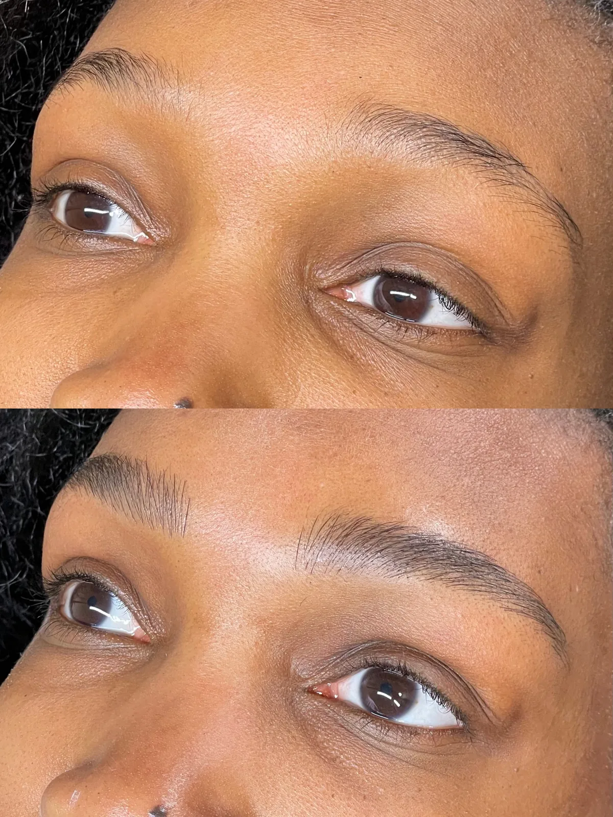 Before and after microblading on deeper skin: thin sparse brows with a flat shape above; below, fuller brows with hair strokes forming a defined arch