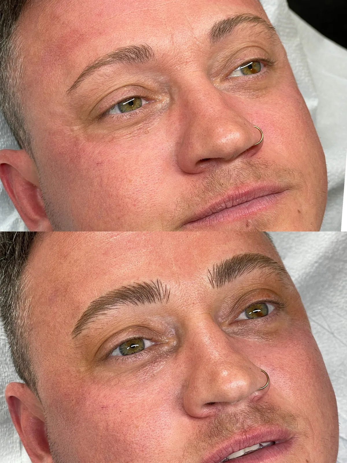 Before and after microblading on a male client: thin patchy brows above; below, fuller brows with hair strokes in a straight natural shape