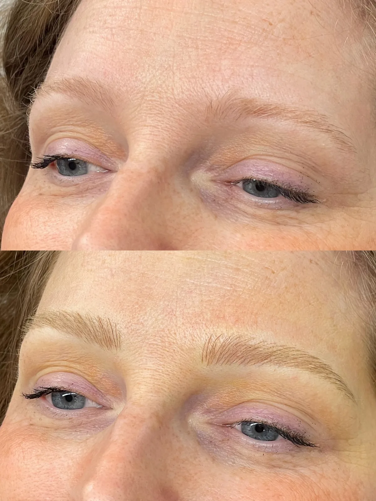 Before and after microblading: pale sparse brows fading at the tails above; below, soft light-brown strokes building a full matched shape