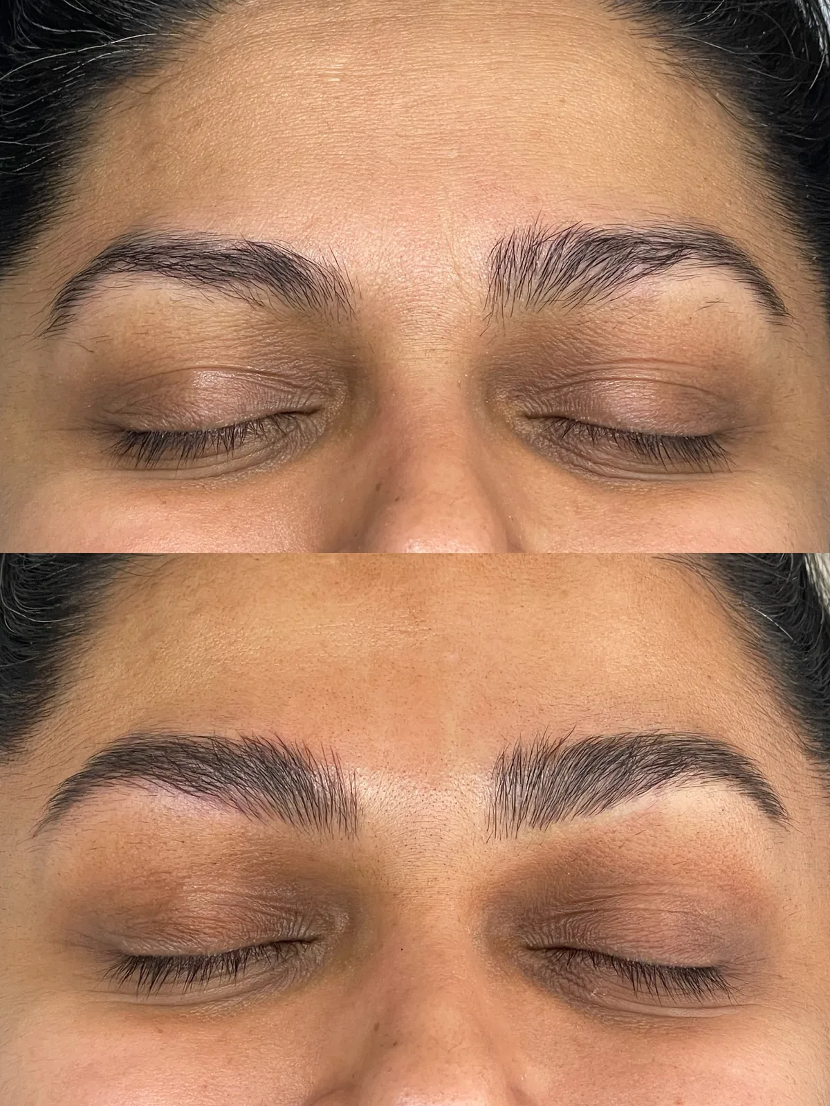 Before and after microblading on both brows, front view: uneven sparse shape above; below, symmetrical fuller brows with a defined arch