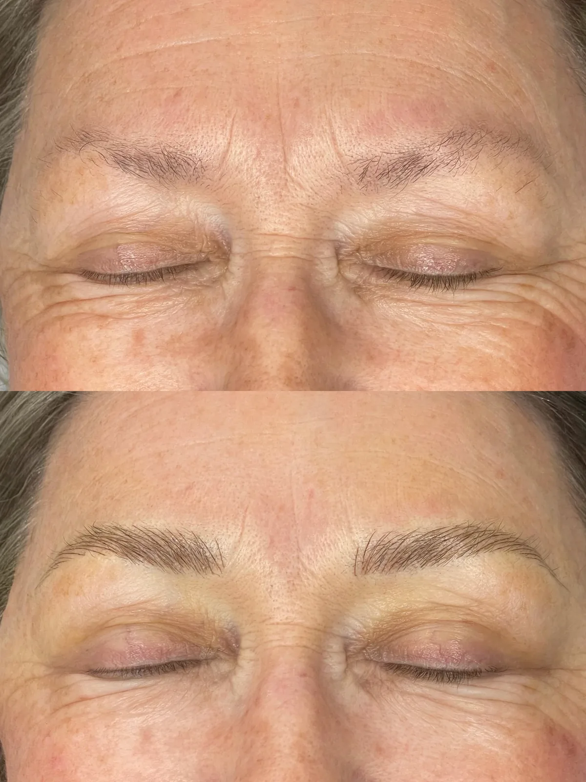 Before and after microblading on mature skin, front view: sparse pale brows with visible gaps above; below, fuller warm-brown brows rebuilt with hair strokes