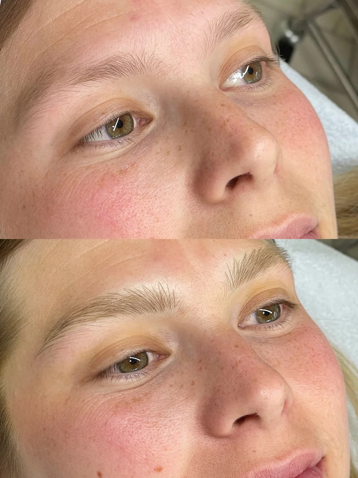 Before and after microblading on very pale blonde brows: barely visible shape above; below, soft light-brown strokes giving definition without heaviness