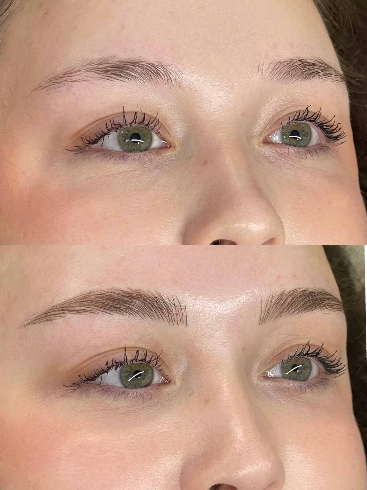 Before and after microblading, front view: thin wispy brows above; below, a fuller feathered shape with a clean tapered tail