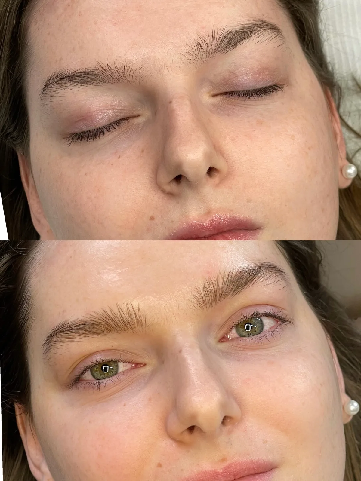 Before and after microblading: uneven brow with a patchy front above; below, an even fuller shape with strokes filling the inner brow