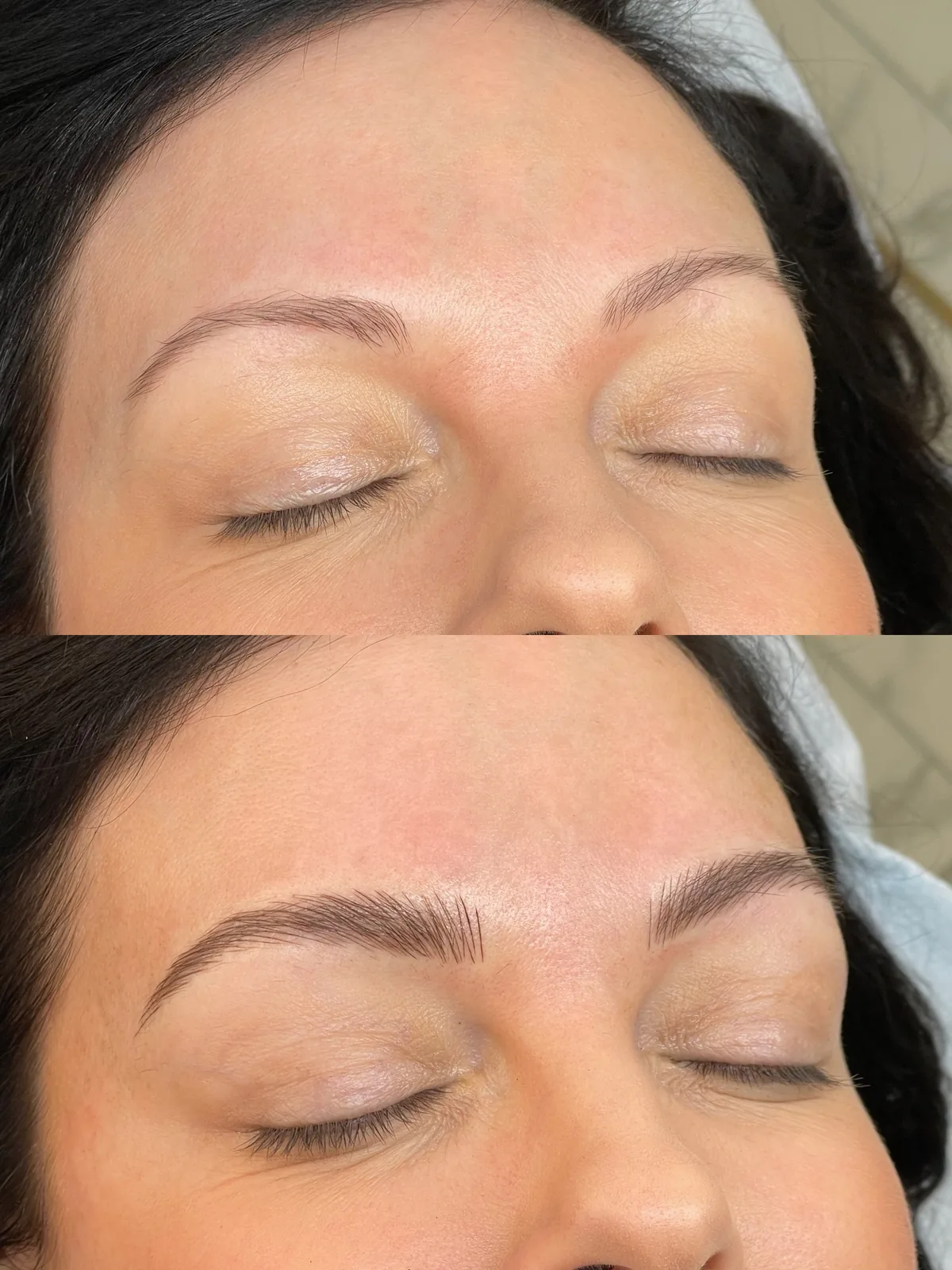 Before and after microblading, front view: narrow sparse brows above; below, fuller darker brows with a defined arch