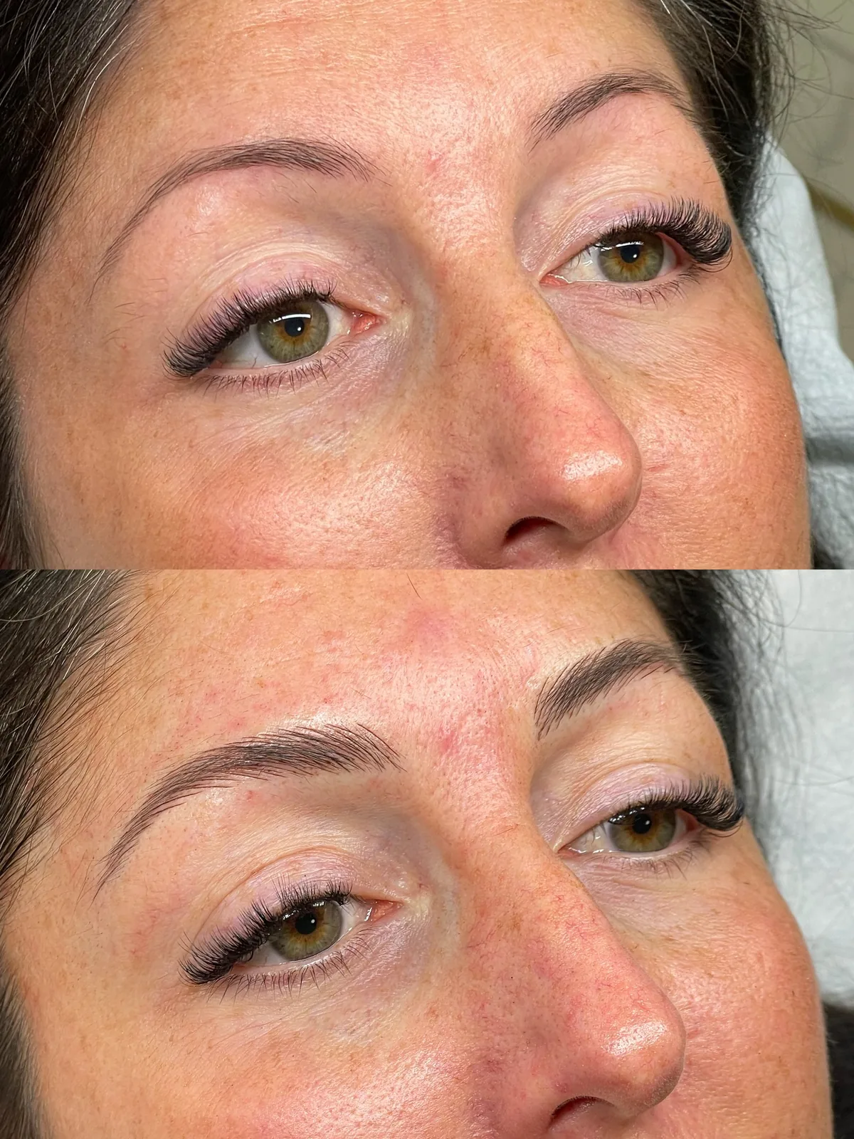 Before and after microblading: thin sparse brows above; below, fuller brows with fine strokes and a defined shape