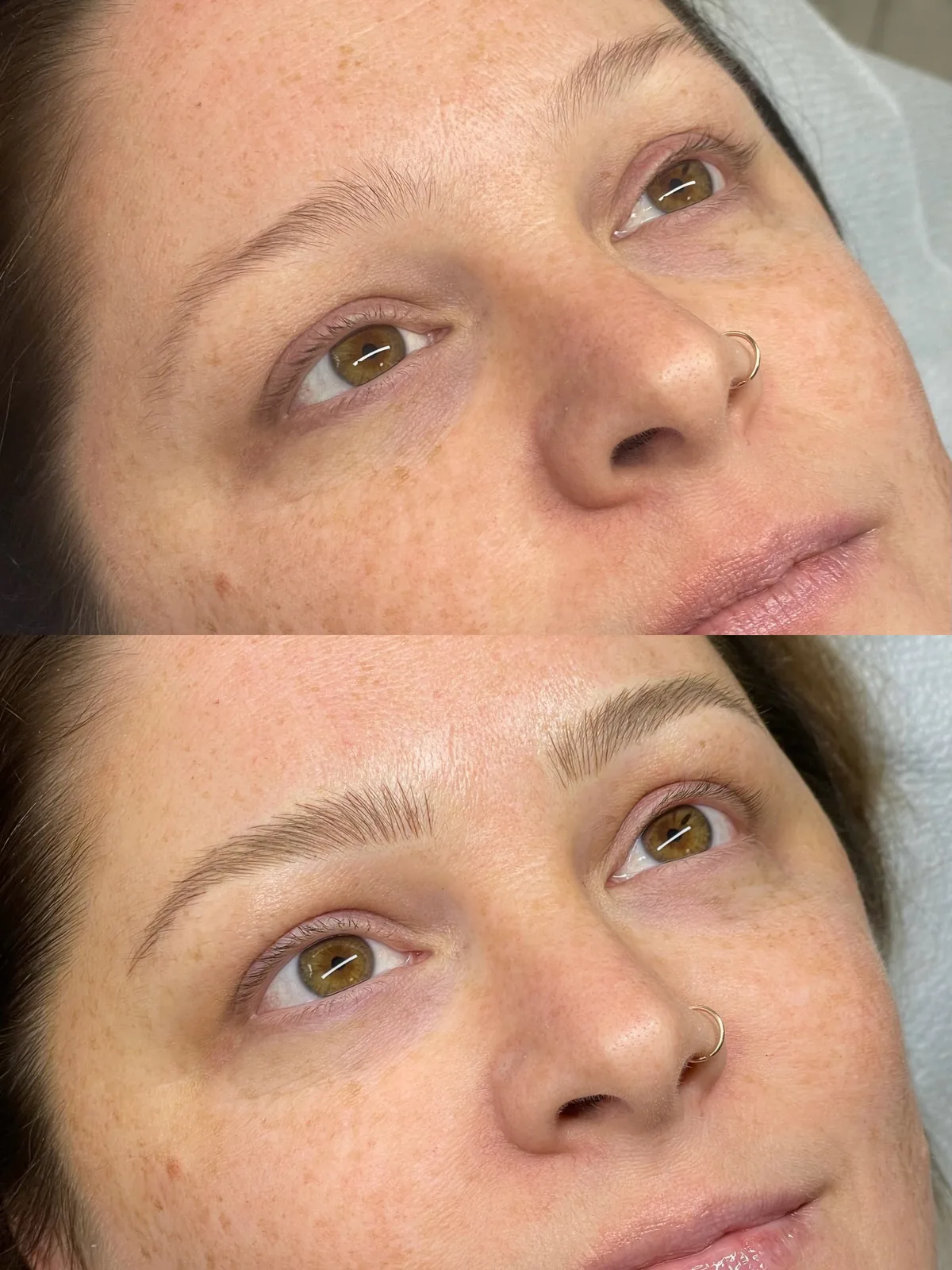 Before and after microblading on freckled skin: light brows fading at the tails above; below, strokes carrying the shape through to a defined tail