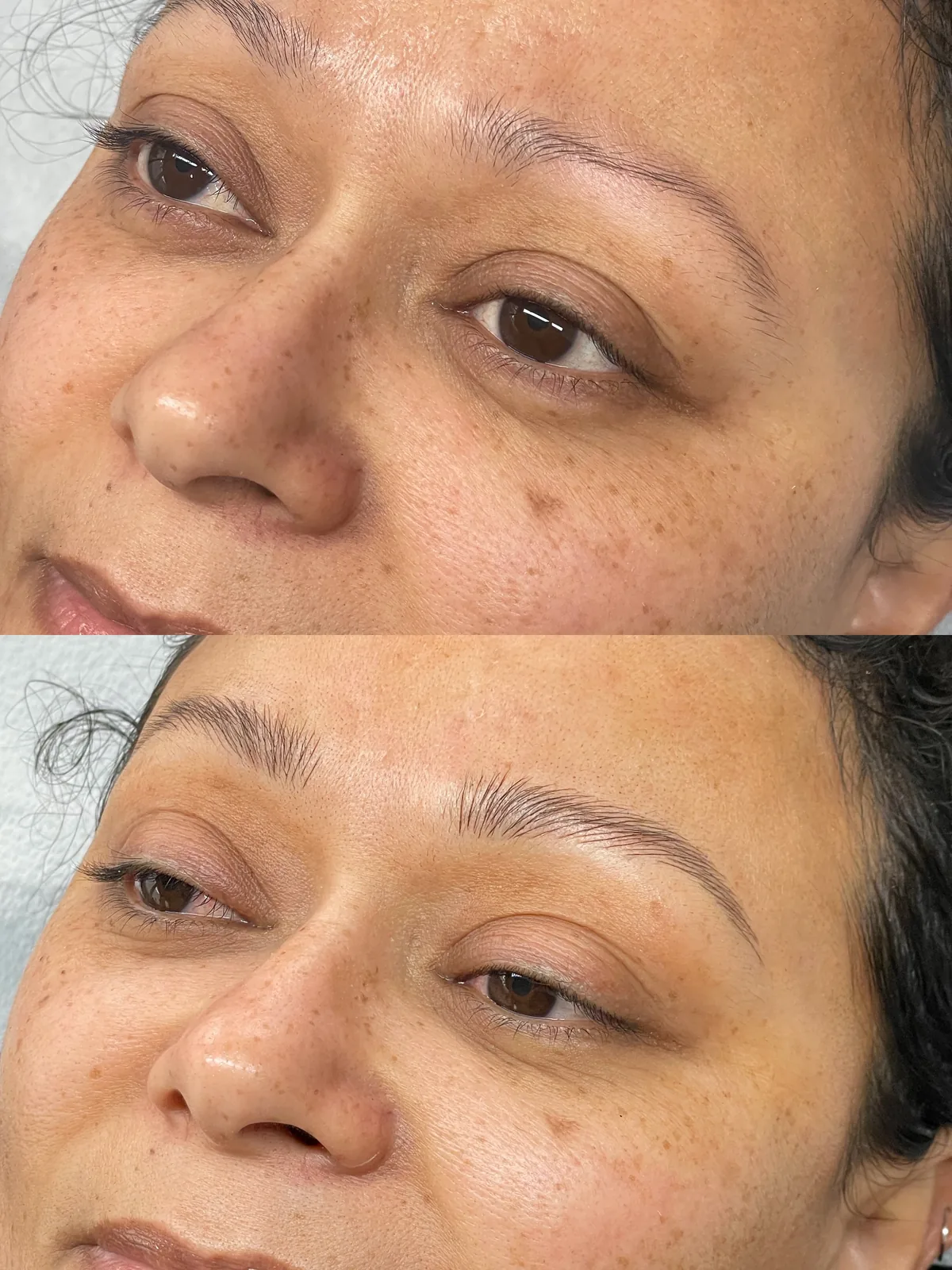Before and after microblading on deeper skin: sparse brows with gaps above; below, a fuller defined shape built from fine hair strokes