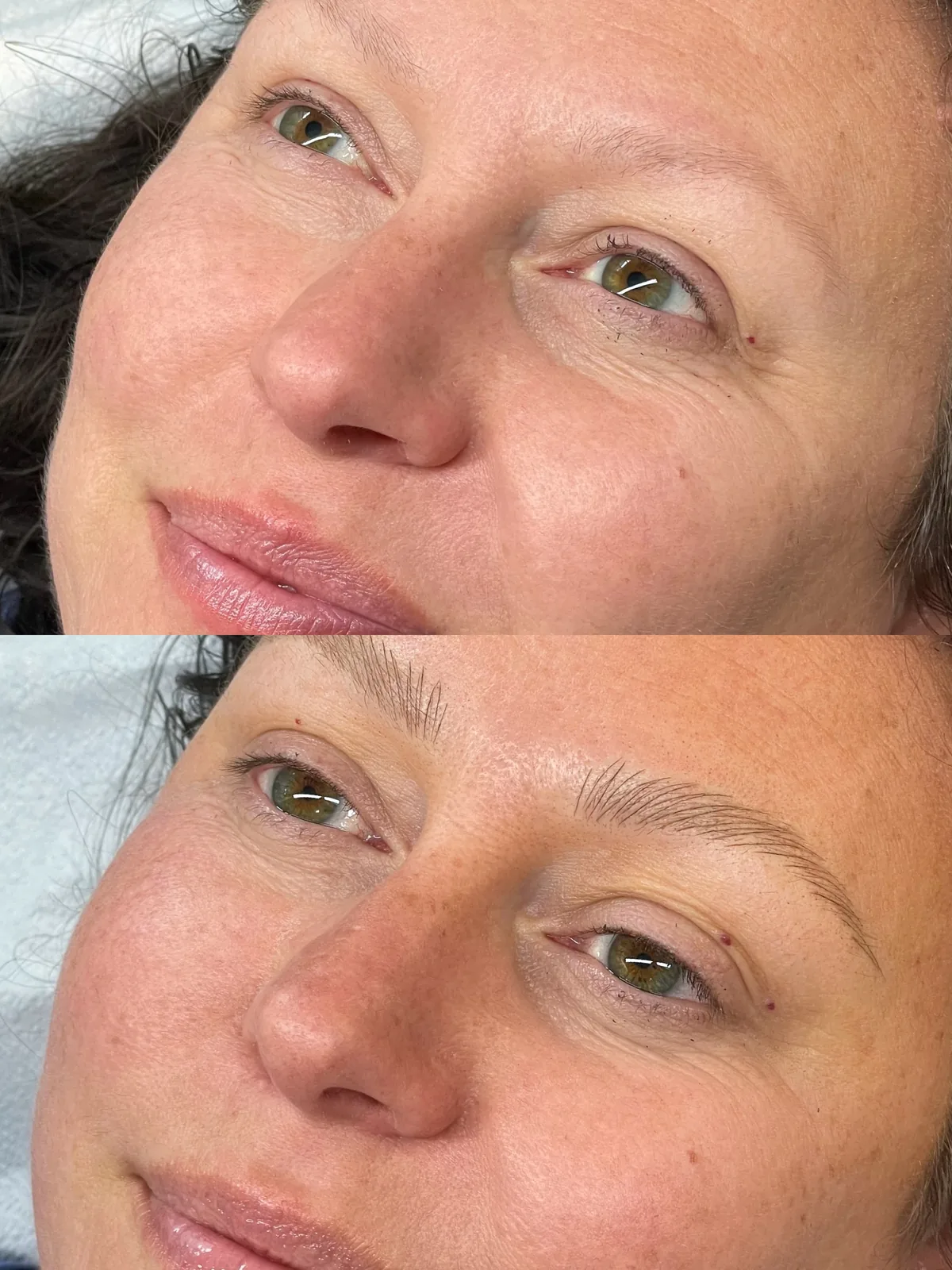 Before and after microblading on mature skin: very sparse brows nearly absent at the tails above; below, fine strokes restoring a soft natural brow