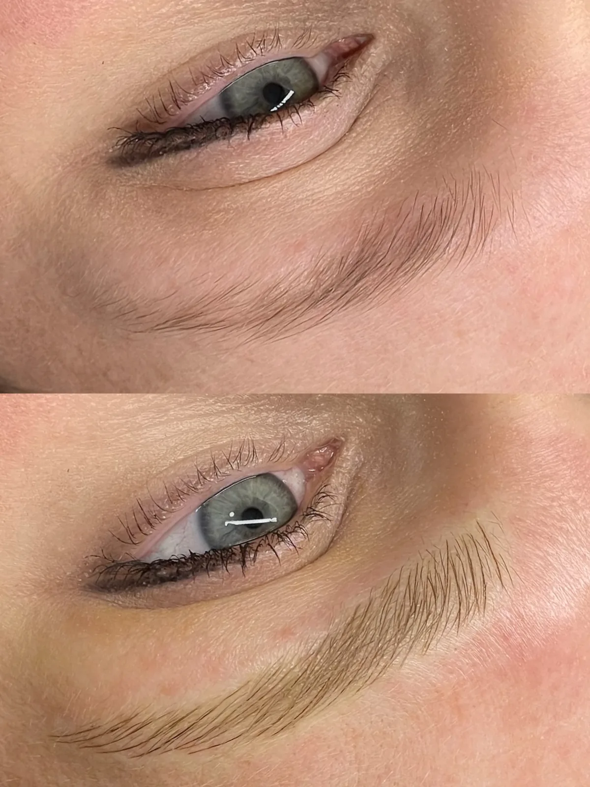 Before and after microblading, close detail: pale barely-visible brow above; below, fine dark strokes building a defined shape with a tapered tail