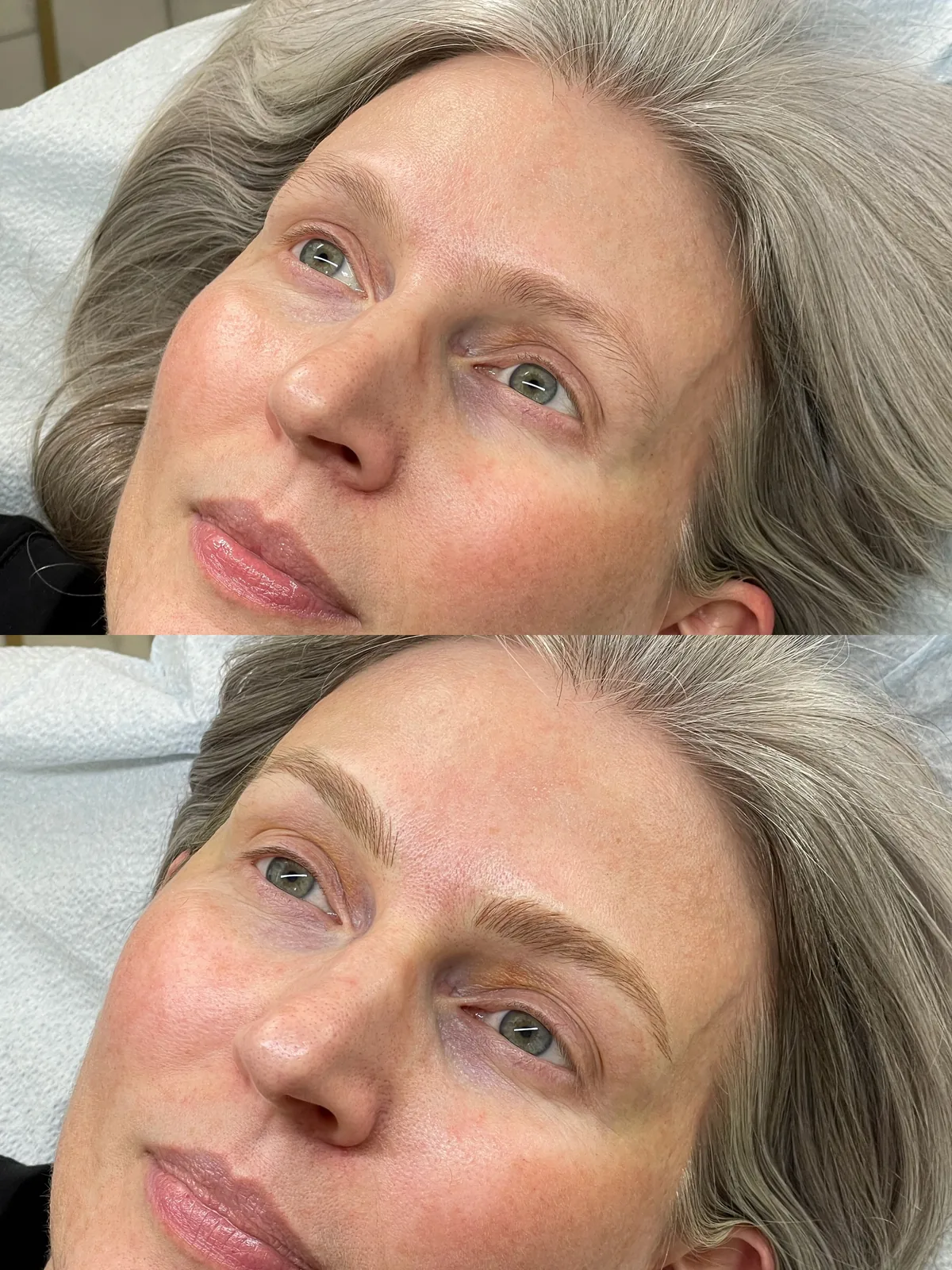 Before and after microblading on a client with silver hair: pale sparse brows almost absent above; below, warm brown strokes forming a full defined arch