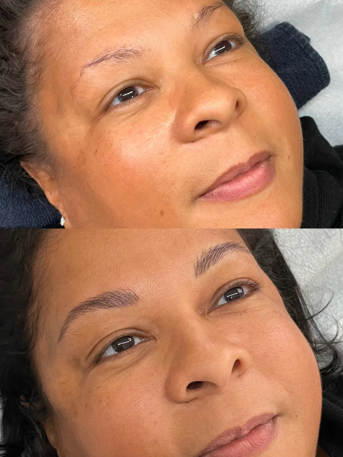 Before and after microblading on deeper skin: thin patchy brows with sparse tails above; below, full dark brows built from fine hair strokes