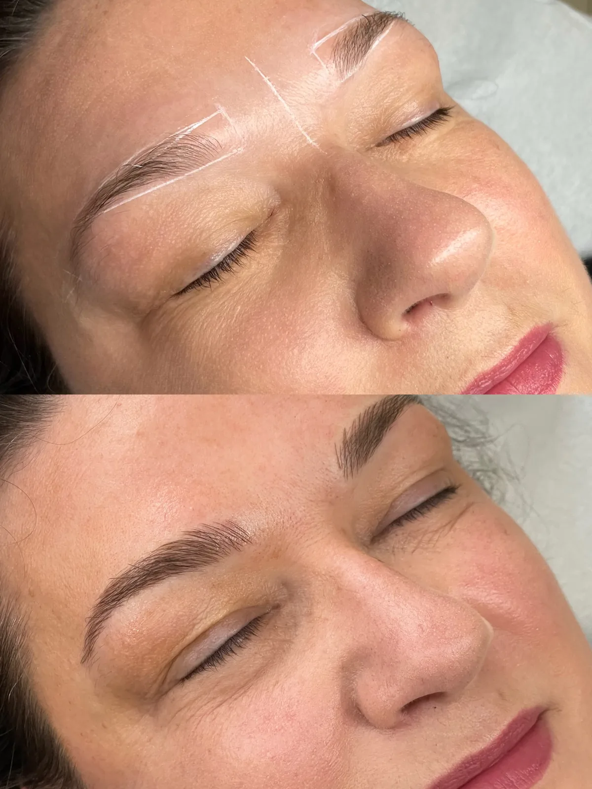 Before and after microblading with the brow shape mapped out above; below, the finished brows filled with hair strokes