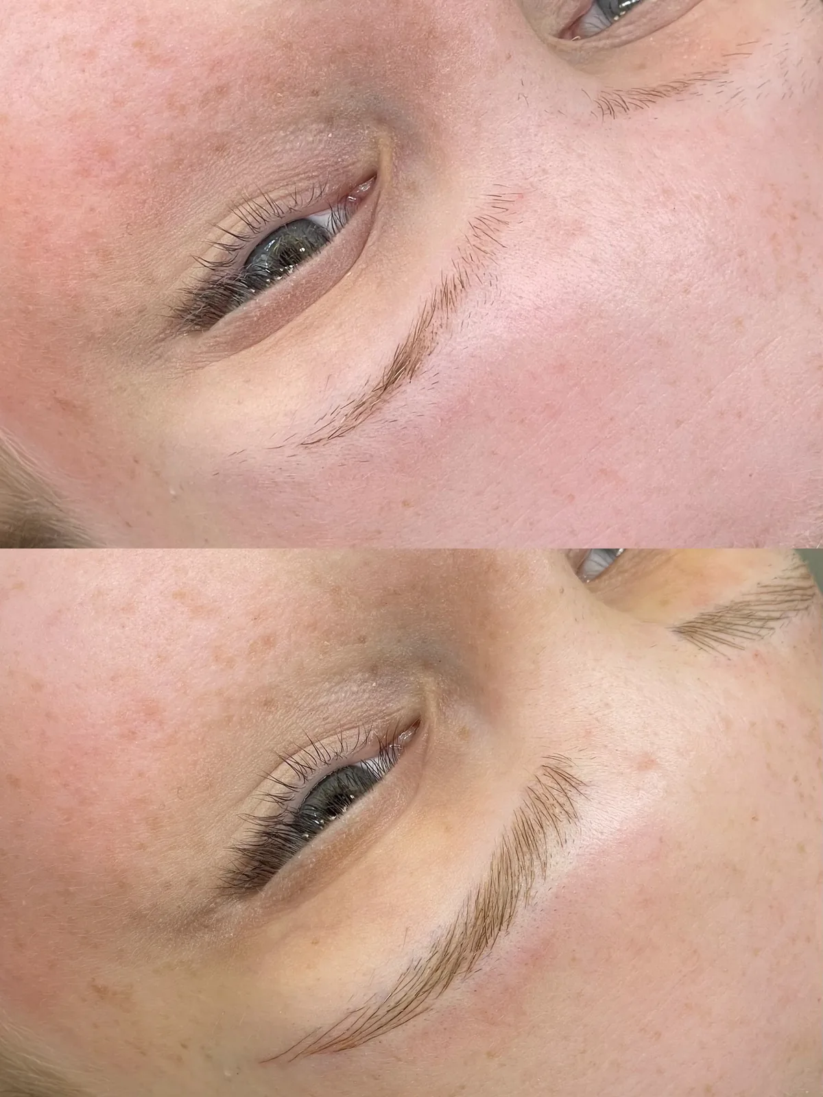Before and after microblading on fair freckled skin: a very sparse wispy brow above; below, fine strokes building a fuller shape with a defined tail