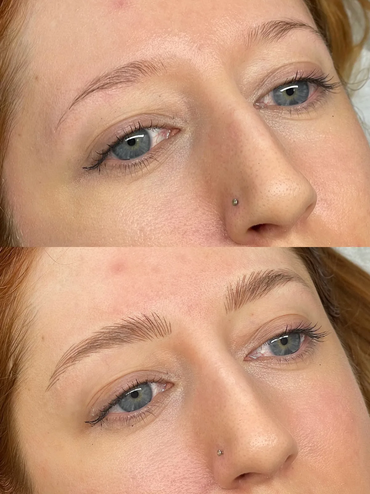 Before and after microblading on a red-haired client: fine barely-visible brows above; below, soft warm-brown strokes forming a defined feathered shape