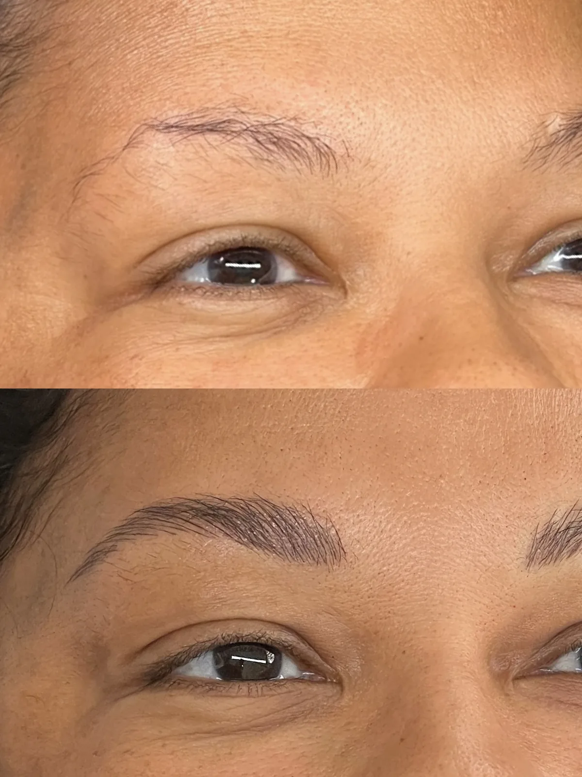 Before and after microblading on deeper skin: sparse uneven brows above; below, a full defined shape built from dark hair strokes