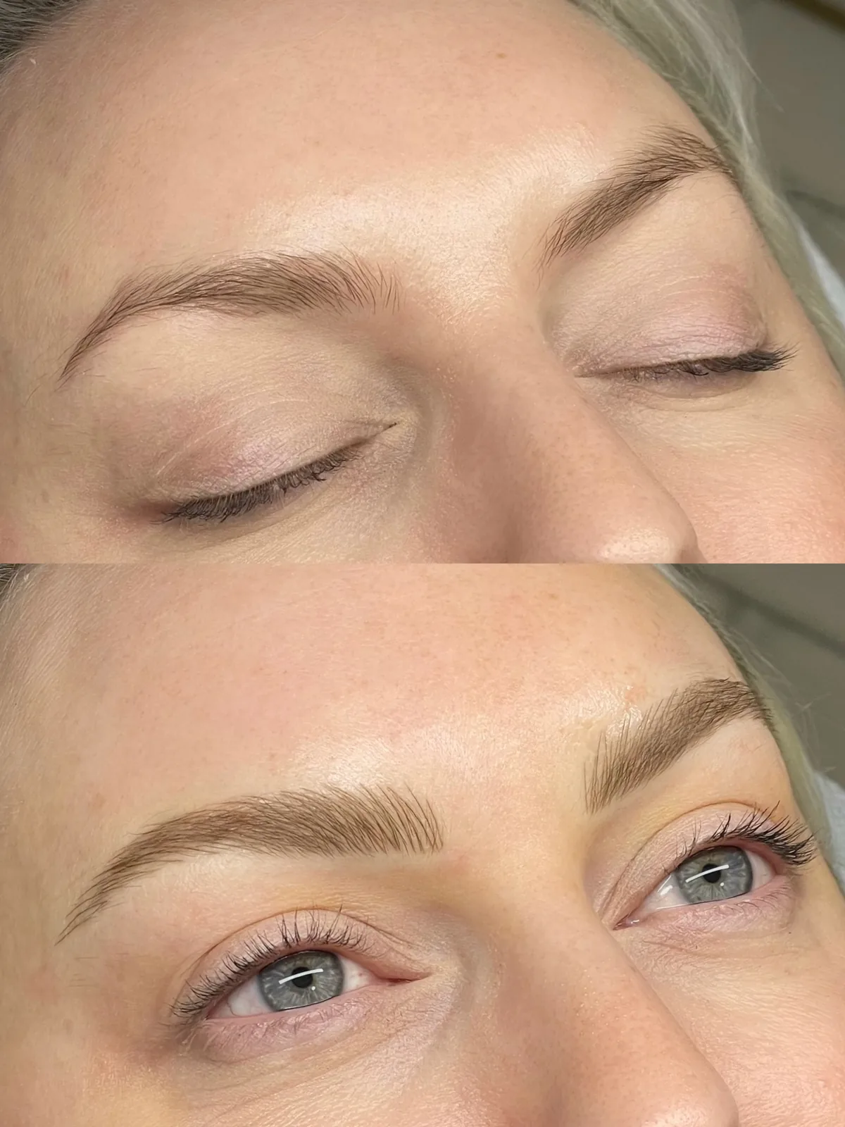 Before and after microblading: medium brows lacking density above; below, richer fuller brows with visible stroke texture