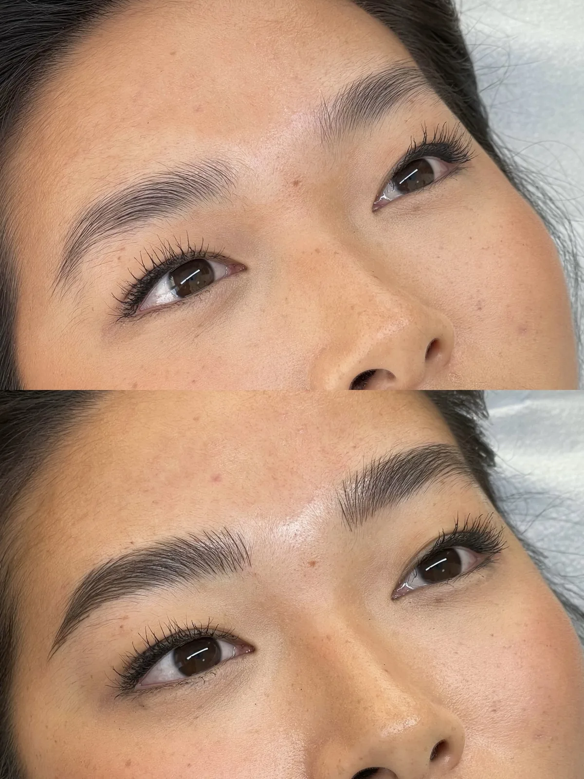 Before and after microblading on dark brows: full but undefined shape above; below, a sharper defined arch with dense hair strokes
