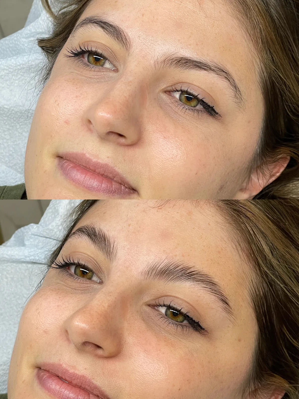 Before and after brow lift and tint: flat downward-lying brows above, lifted and set with an open upward sweep below
