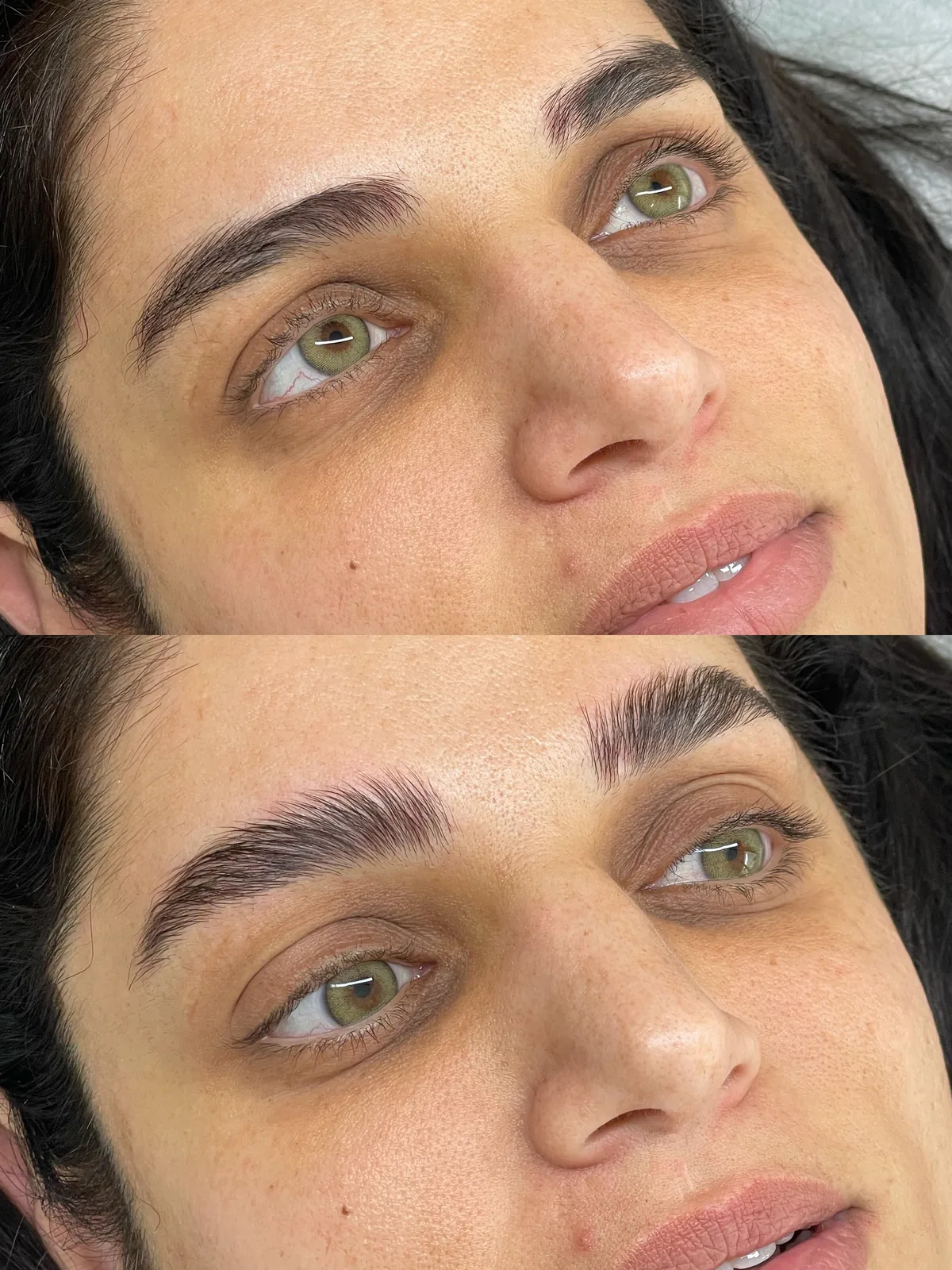 Before and after brow lift and tint on dark brows: flat and heavy above, lifted into a fuller arch below