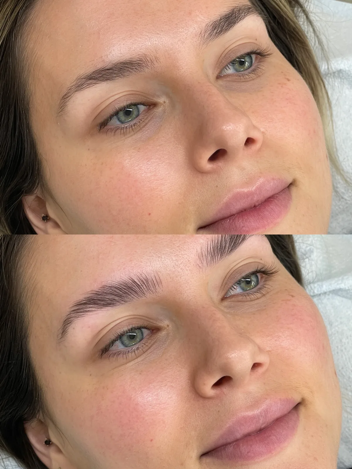 Before and after brow lift and tint: sparse flat brows above, lifted and tinted into a fuller feathered shape below