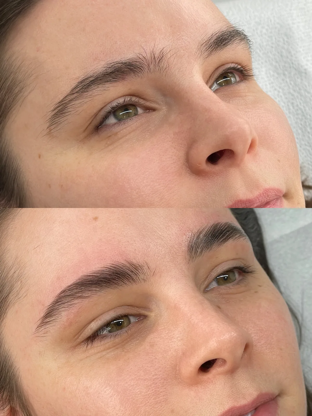 Before and after brow lift and tint: mixed-direction brow hair above, set upward into a clean defined shape below