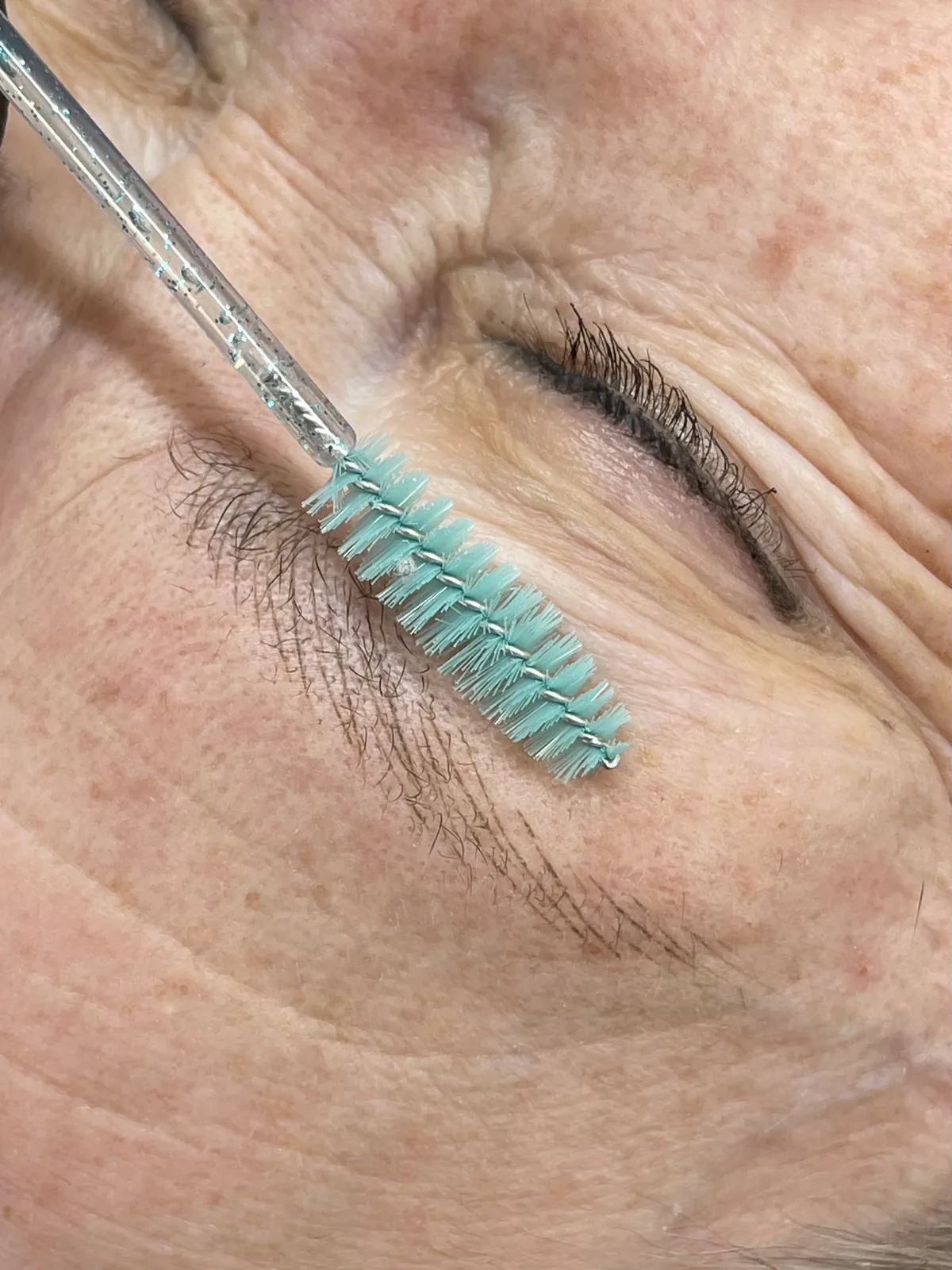 Hair brushed back with a spoolie to show softened healed strokes on mature skin