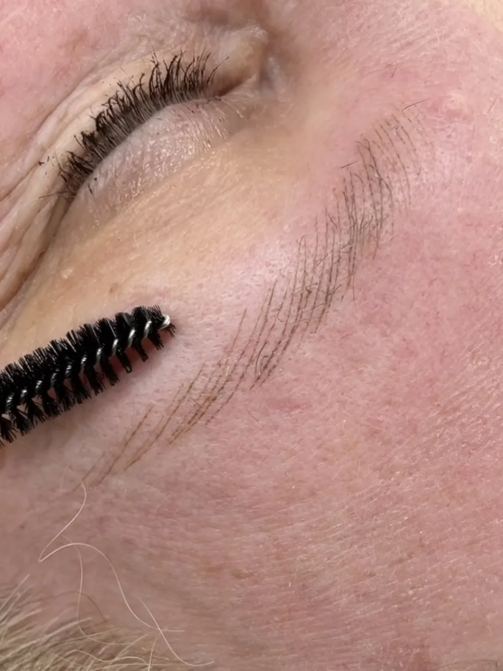 Spoolie holding the hair clear of fine healed strokes in a soft tapered brow